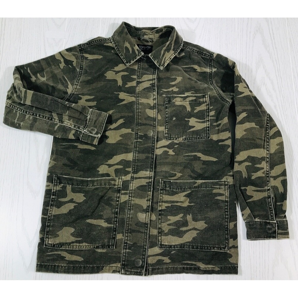 TopShop Camo Jacket Womens 4 Button Snap Pockets Cotton Shacket Chore Military